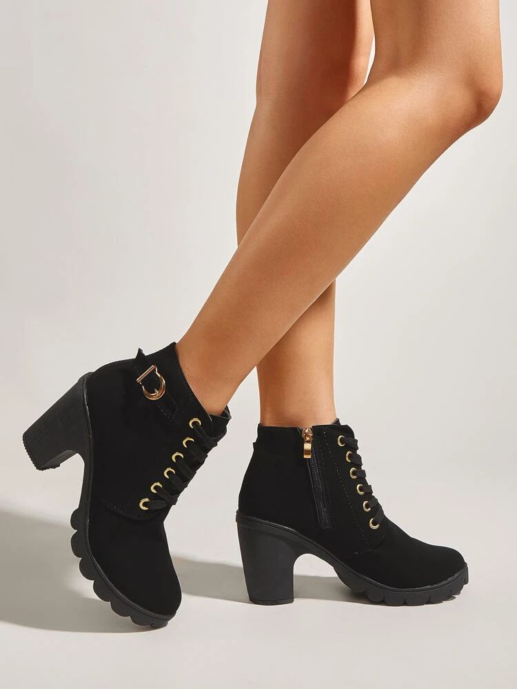 Minimalist Lace-up Front Chunky Heeled Boots | SHEIN