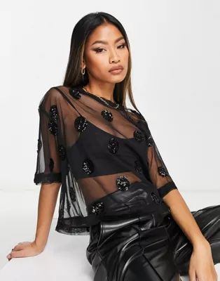 ASOS DESIGN boxy oversized mesh top with polka dot sequins in black | ASOS (Global)