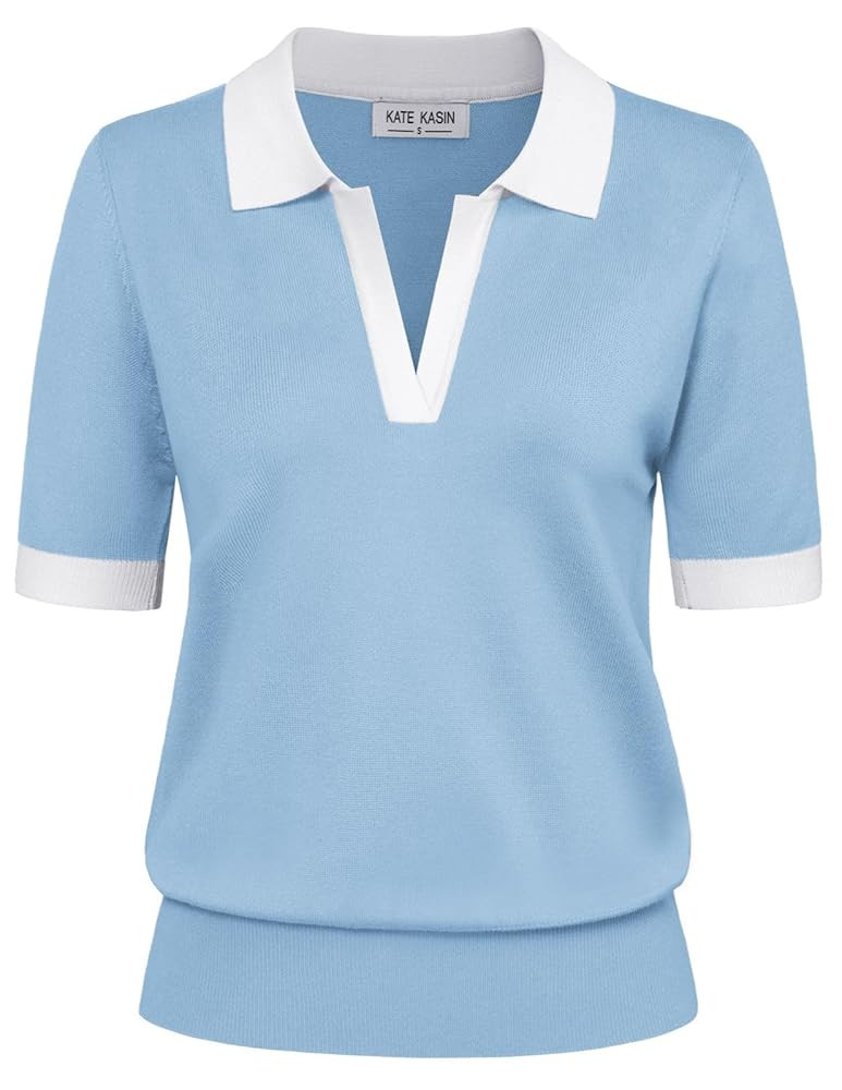 Kate Kasin Women Short Sleeve Polo Sweater V Neck Knitted Tops Casual Ribbed Shirt Loose Pullover... | Amazon (US)