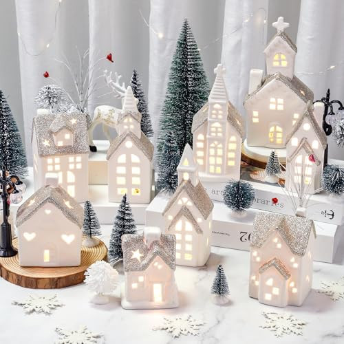 Spdmhyo Set of 28 Ceramic Christmas Village Sets 9 Pieces White Christmas House with 17 Pieces Snow Tree 2 Pieces Lamp Vintage Christmas Decoration for Mantle Table Top Decor | Amazon (US)