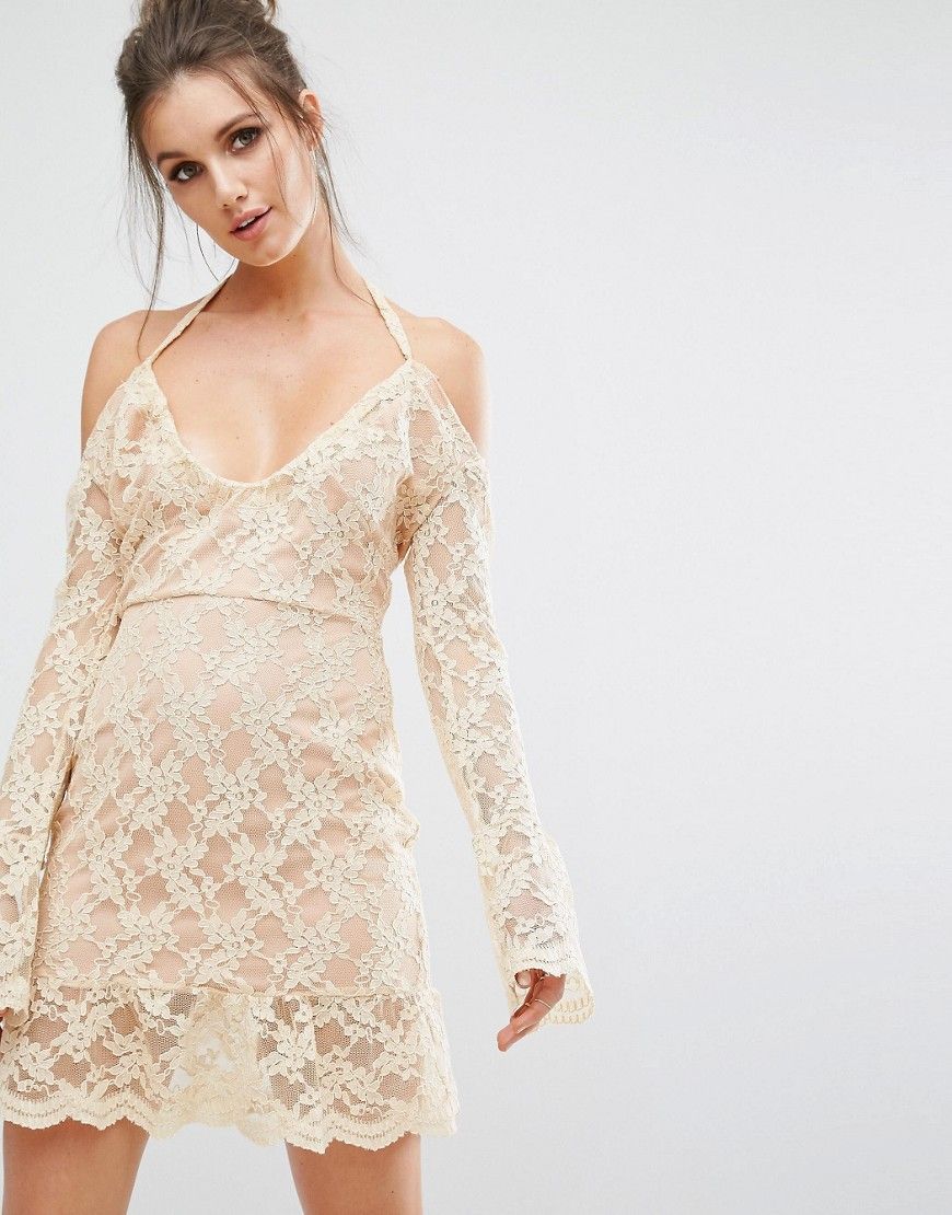 Missguided Cold Shoulder Lace Overlay Dress - Beige | ASOS US