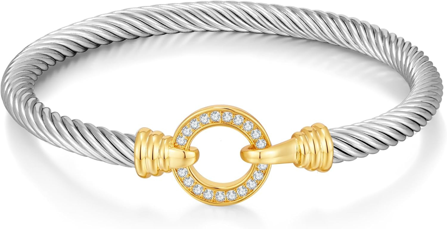 WOWORAMA Two Tone Cuff Bracelet for Women Silver Gold Cable Wire Bangle Bracelet Unisex Mixed Metal Bracelets Twisted Wire Cuffs Jewelry | Amazon (US)