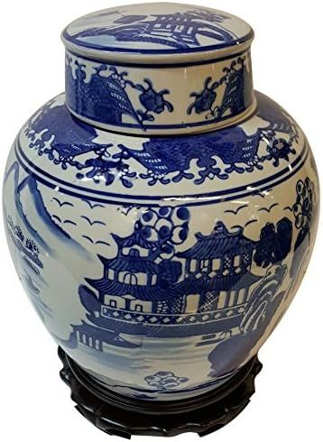 Amazon.com: Oriental Furnishings Chinese 9" Ginger Jar in Export Blue and White Porcelain Landsca... | Amazon (US)