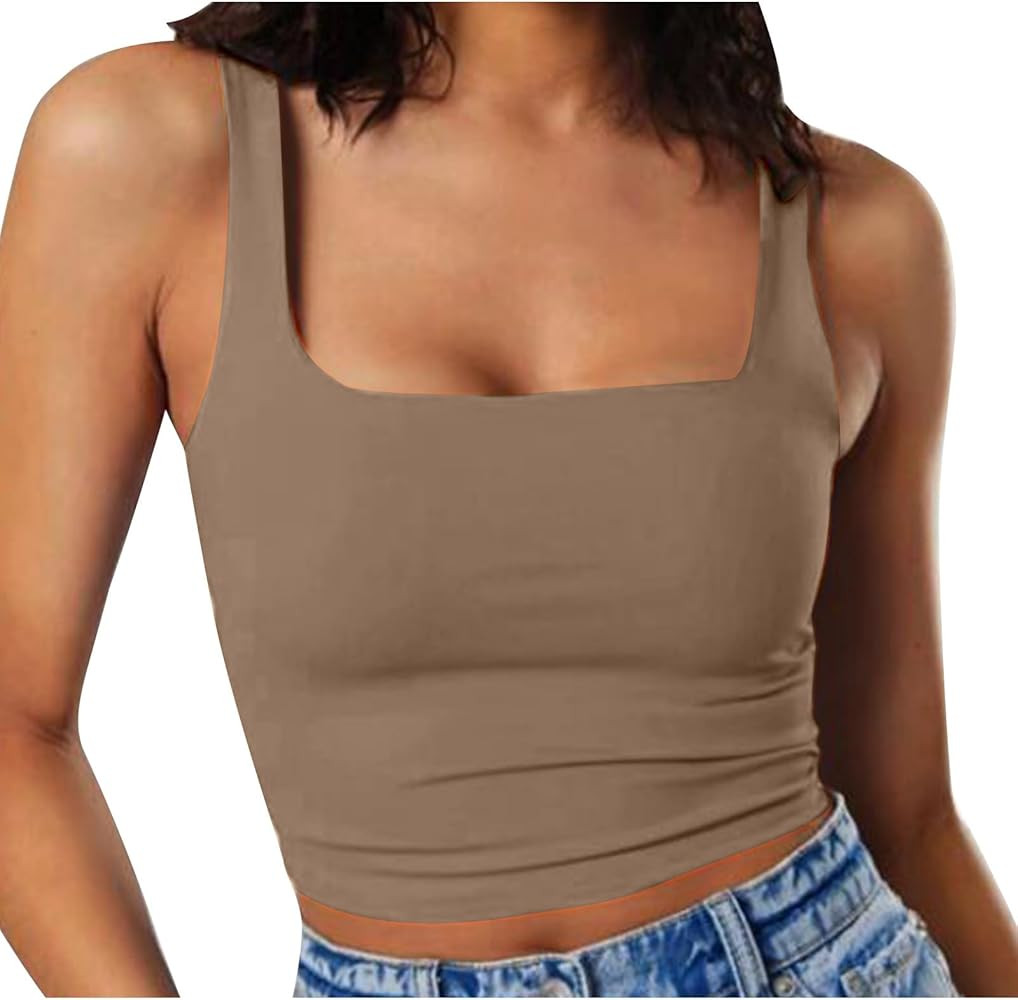 AMhomely Womens Sleeveless Square Neck Vest Tops UK Clearance Ribbed Knitted Tanks Tops Yoga Work... | Amazon (UK)