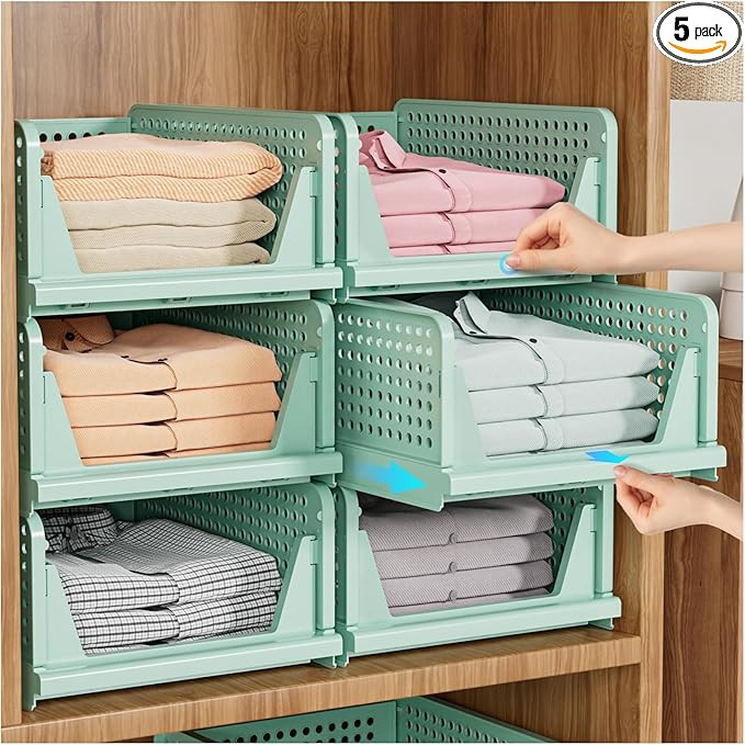 SNSLXH 5 Pack Stackable Closet Organizer Box, Multifunctional & Foldable Closet Storage Basket fo... | Amazon (US)