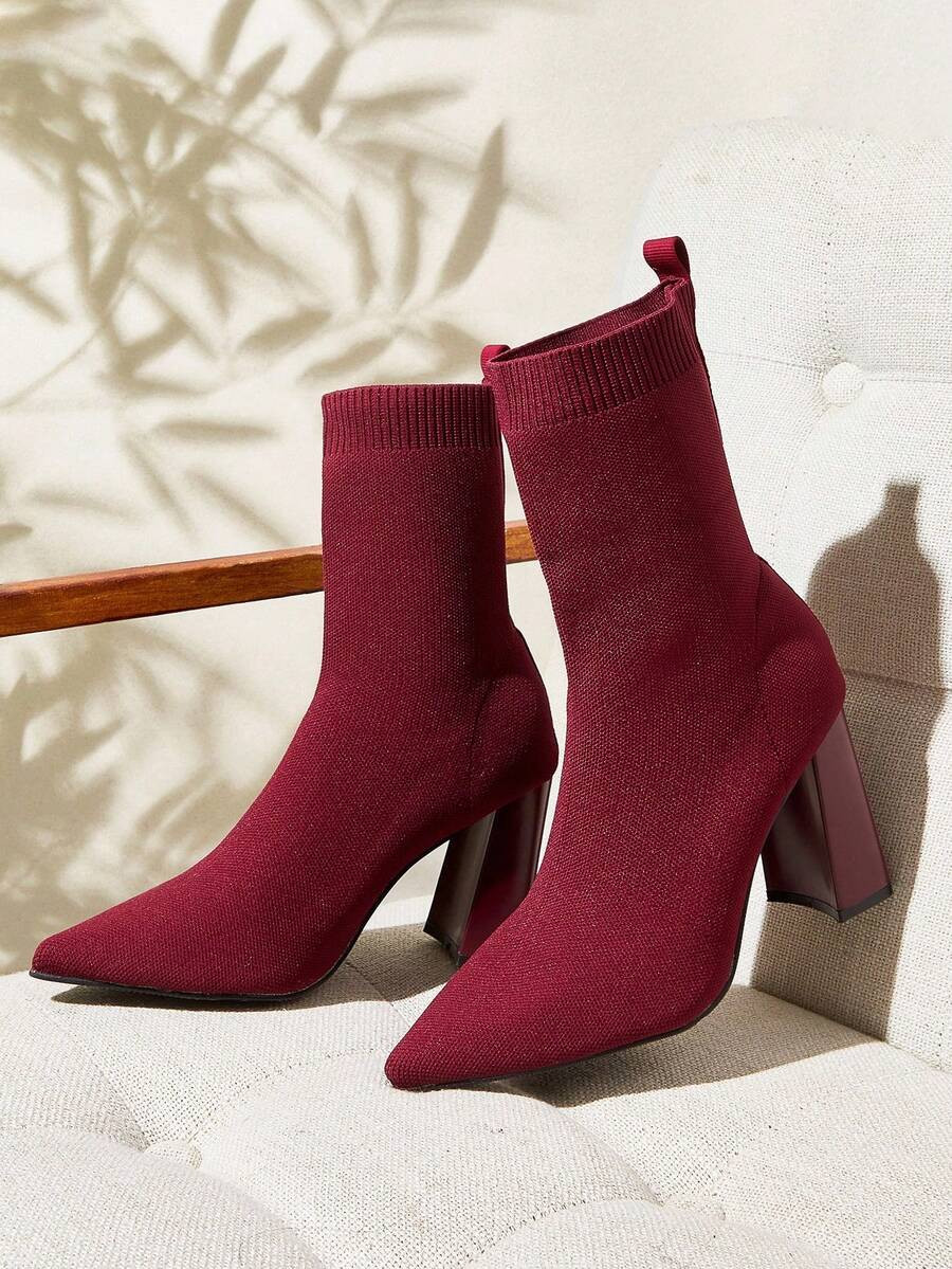 CUCCOO BASICS Cuccoo Women's High Heel Chunky Heel Pointed Toe Elastic Knit Mid-Calf Boots | SHEIN