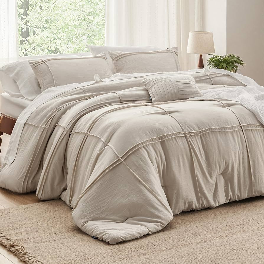 Bedsure Beige King Size Comforter Set - 4 Pieces Grid Pleat Bed Set, Down Alternative Bedding Set... | Amazon (US)