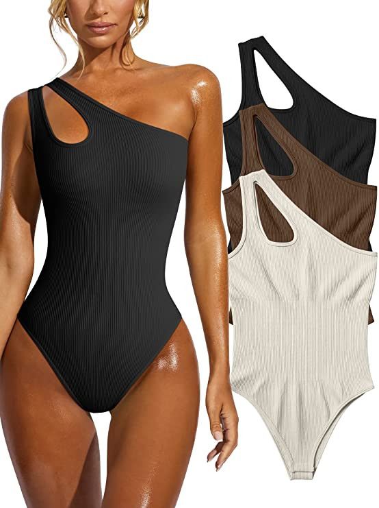 OQQ Women's 3 Piece Bodysuits Sexy Ribbed Sleeveless One Shoulder Tank Tops Exercise Bodysuits | Amazon (US)