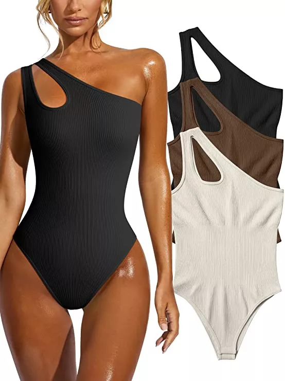 OQQ Women's 3 Piece Bodysuits Sexy Ribbed Sleeveless Adjustable Spaghetti  Strips Shapewear Tops Bodysuits