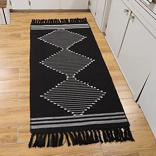 LEEVAN Boho Cotton Runner Rug, 2.3' x 5.3' Black Geometric Kitchen Sink Rug with Tassels Woven Diamo | Amazon (CA)
