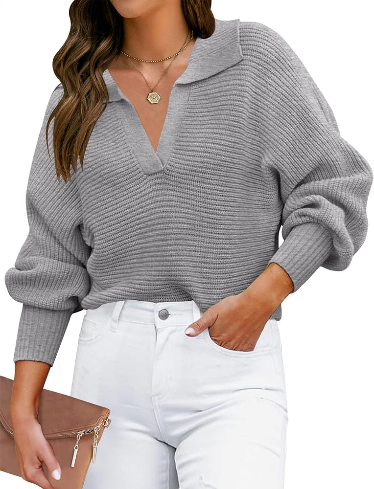 ZESICA Women's 2024 Fall Lapel Collar V Neck Long Sleeve Ribbed Knit Comfy Loose Casual Pullover ... | Amazon (US)