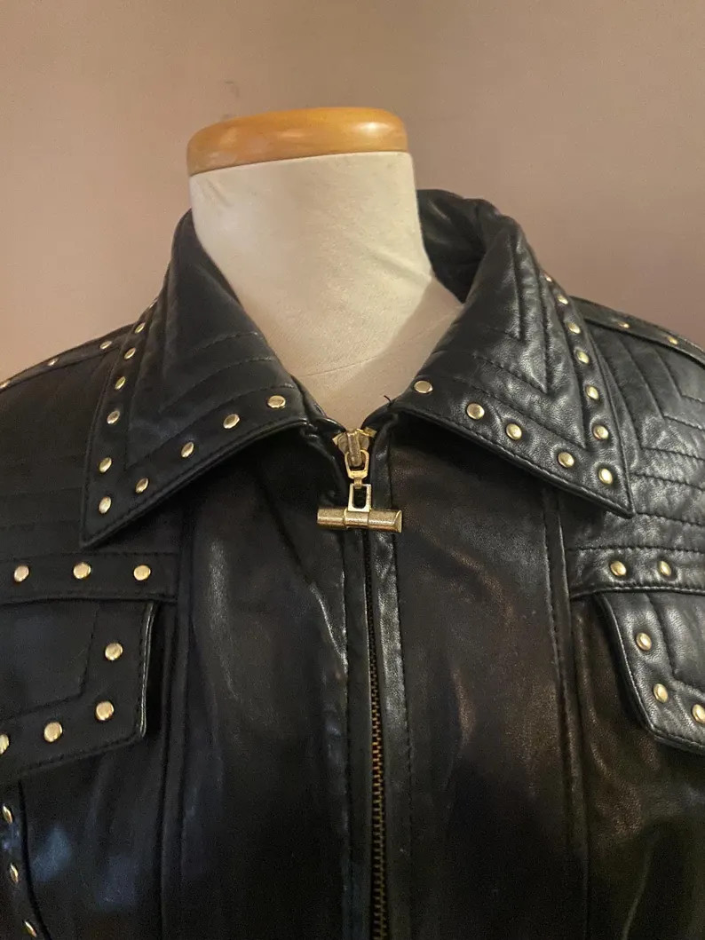 Vintage 80s Black Studded Leather Jacket Belted Waist Cropped Moto Glam Structured Shoulder Korea | Etsy (Global)