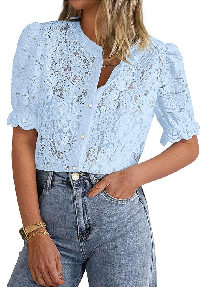 PRETTYGARDEN Womens 2025 Spring Lace Tops Short Puff Sleeve Casual Dressy Blouses Eyelet Crew Nec... | Amazon (US)