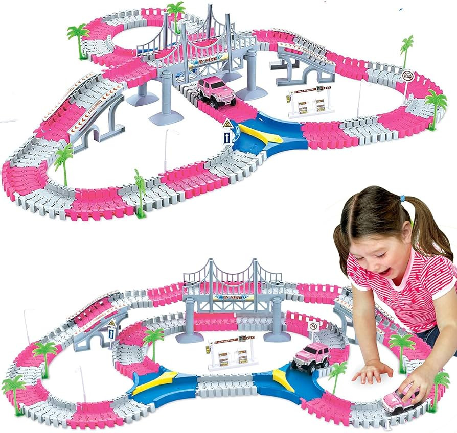 168 PCS Pink Magic Bendable Race Track Toy, Snap Together Create a Road Flexible Track Car Set fo... | Amazon (US)