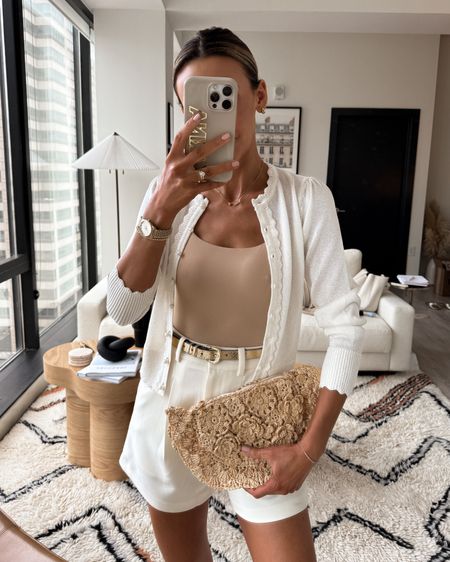 Summer chic street style outfit 
Tailored shorts 2
Thin scalloped cardigan XS
Straw floral clutch 
Square neck bodysuit (small) comes in a ton of colors! 

#LTKItBag #LTKStyleTip #LTKFindsUnder100