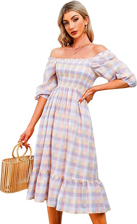 R.Vivimos Women's Summer Cotton Puff Sleeves Casual Vintage Polka Dots Print Off Shoulder Midi Dr... | Amazon (US)