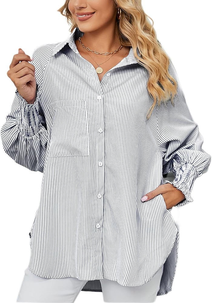 Wanzetaly Womens Smocked Cuffed Striped Shirts Long Sleeve Button Down V Neck Boyfriend Office Wo... | Amazon (US)