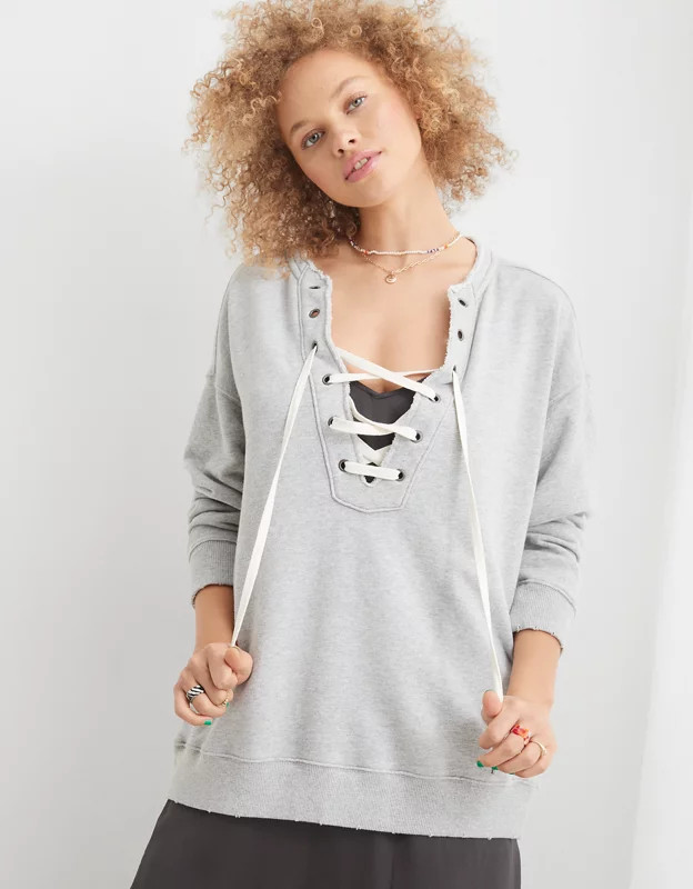 Aerie Lace Up Oversized Crew Sweatshirt | Aerie