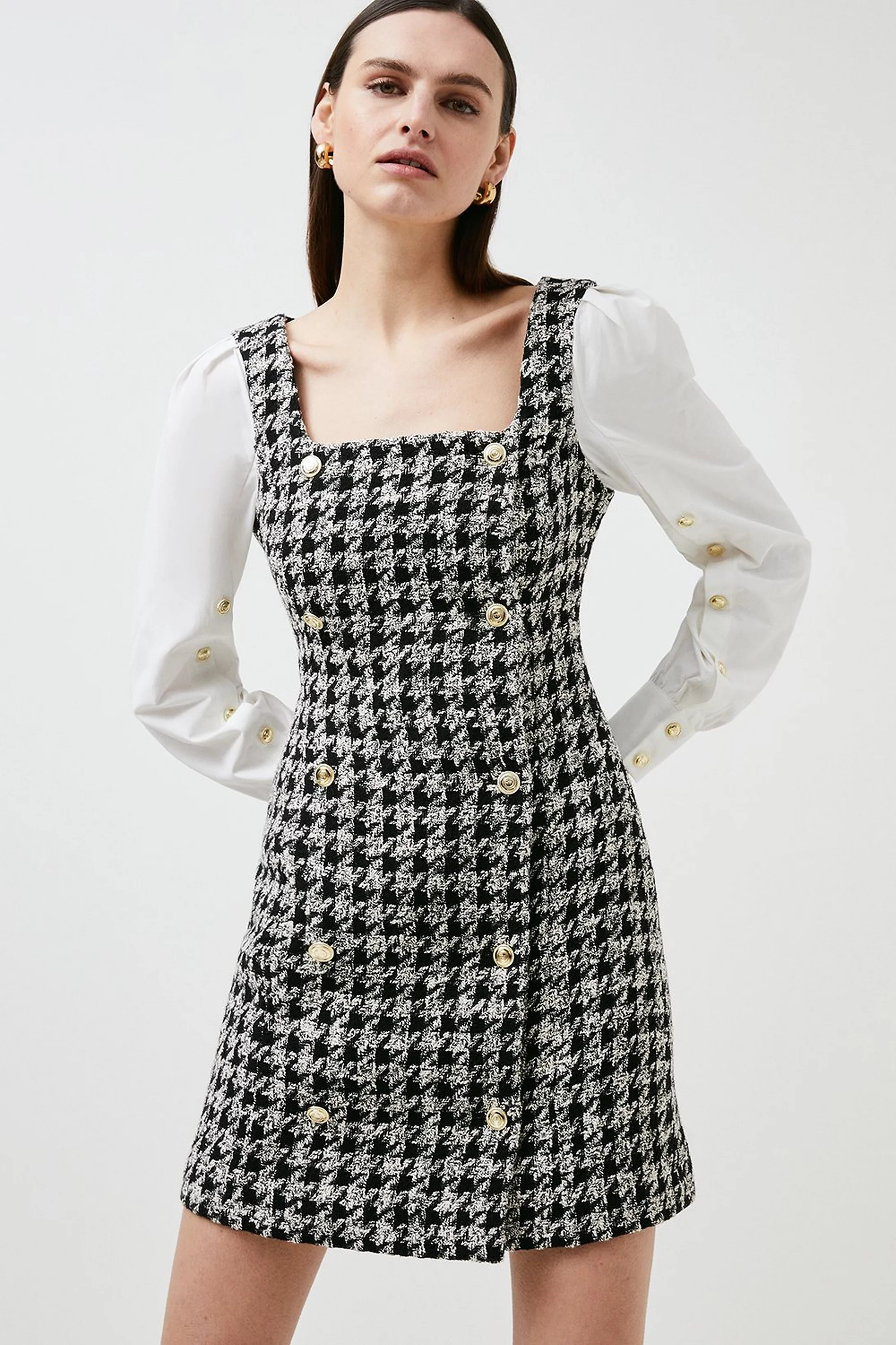 Dogtooth Check Boucle Double Breasted Sleeve Mini Dress | Karen Millen UK + IE + DE + NL