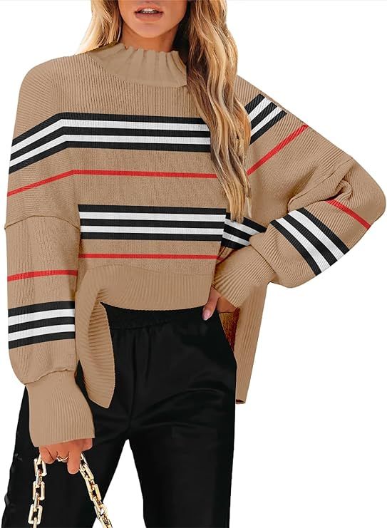 ETCYY NEW Women's Turtleneck Long Sleeve Striped 2023 Fall Oversized Loose Soft Knit Side Slit Pu... | Amazon (US)