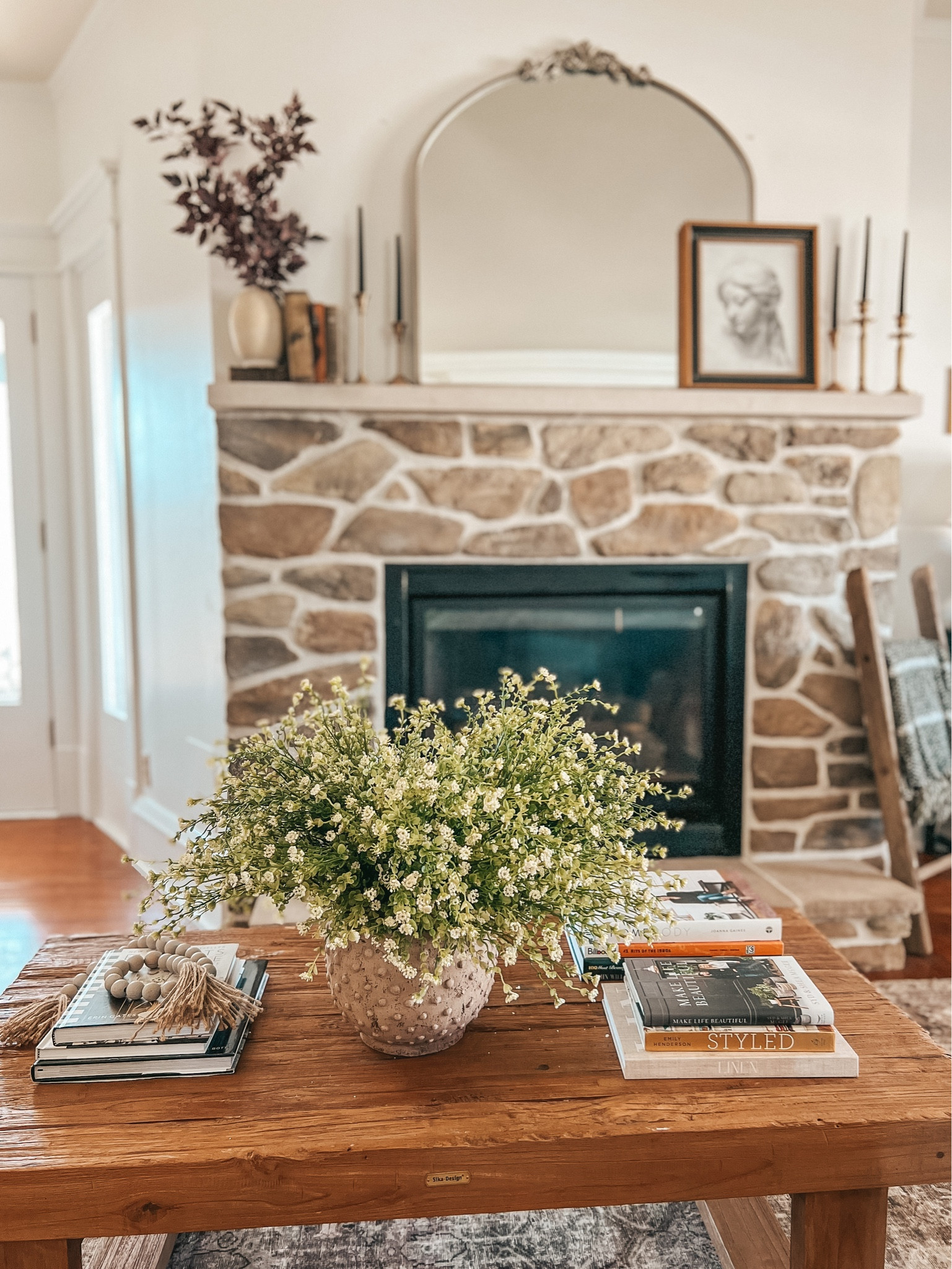 Shop this space! At Home stems, coffee table books, Scout and Nimble coffee table, Lulu & Georgia mirror, North prints, vase. Faux florals. Spring stems. 