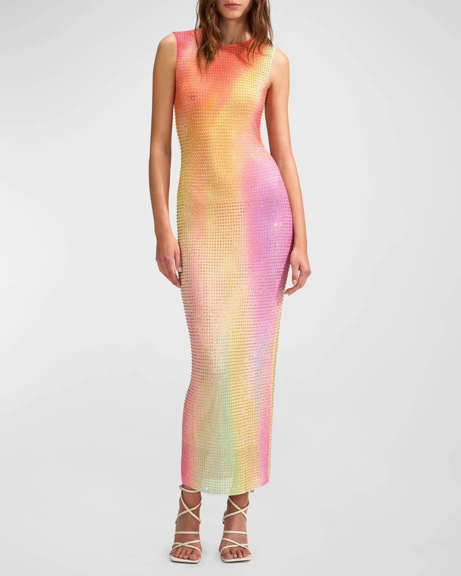 Self-Portrait Rainbow-Print Hotfix Mesh Midi Dress | Neiman Marcus