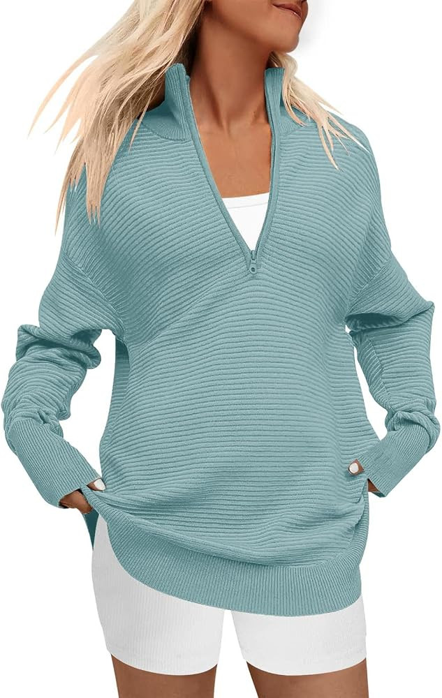 DEEP SELF Fall Women V Neck 1/4 Zip Pullover Stretch Sweater Long Sleeve Stand Collared Ribbed Kn... | Amazon (US)