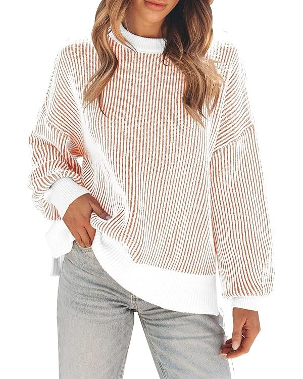 Womens Sweaters Fall 2025 Clothes Oversized Long Sleeve Colorblock Striped Knit Pullover Tops Cas... | Amazon (US)