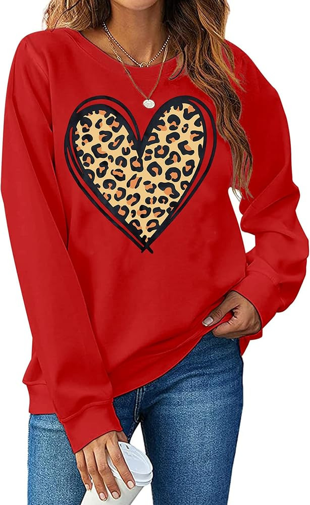 LHBNK Valentine's Day Sweatshirt Women Funny Leopard Love Heart Graphic Pullover Long Sleeve Shir... | Amazon (US)