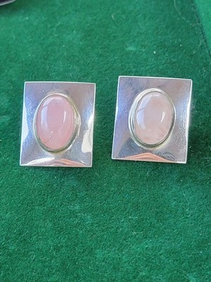Navajo Signed WS Pink Quartz Sterling Silver Earrings 1" Rectangle Cabochon Vtg | eBay US