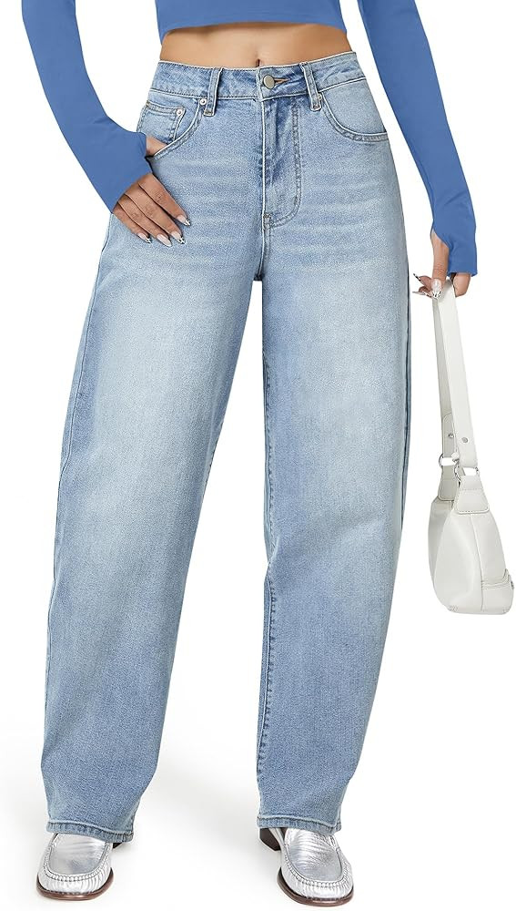 Barrel Jeans for Women, High Waisted Wide Straight Leg Boyfriend Microelastic Womens Mom Jeans | Amazon (US)