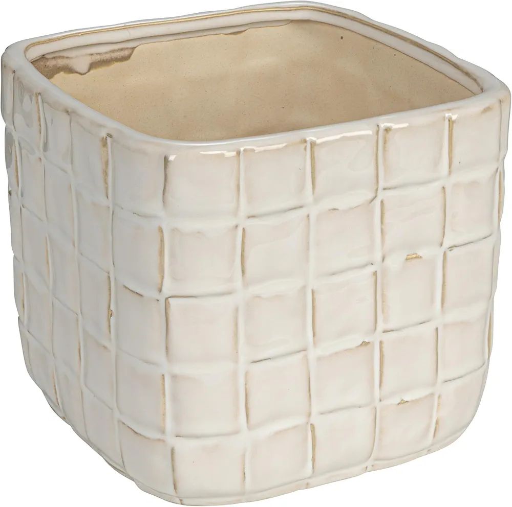 Creative Co-Op Stoneware Planter with Debossed Woven Grid Pattern, White | Amazon (US)