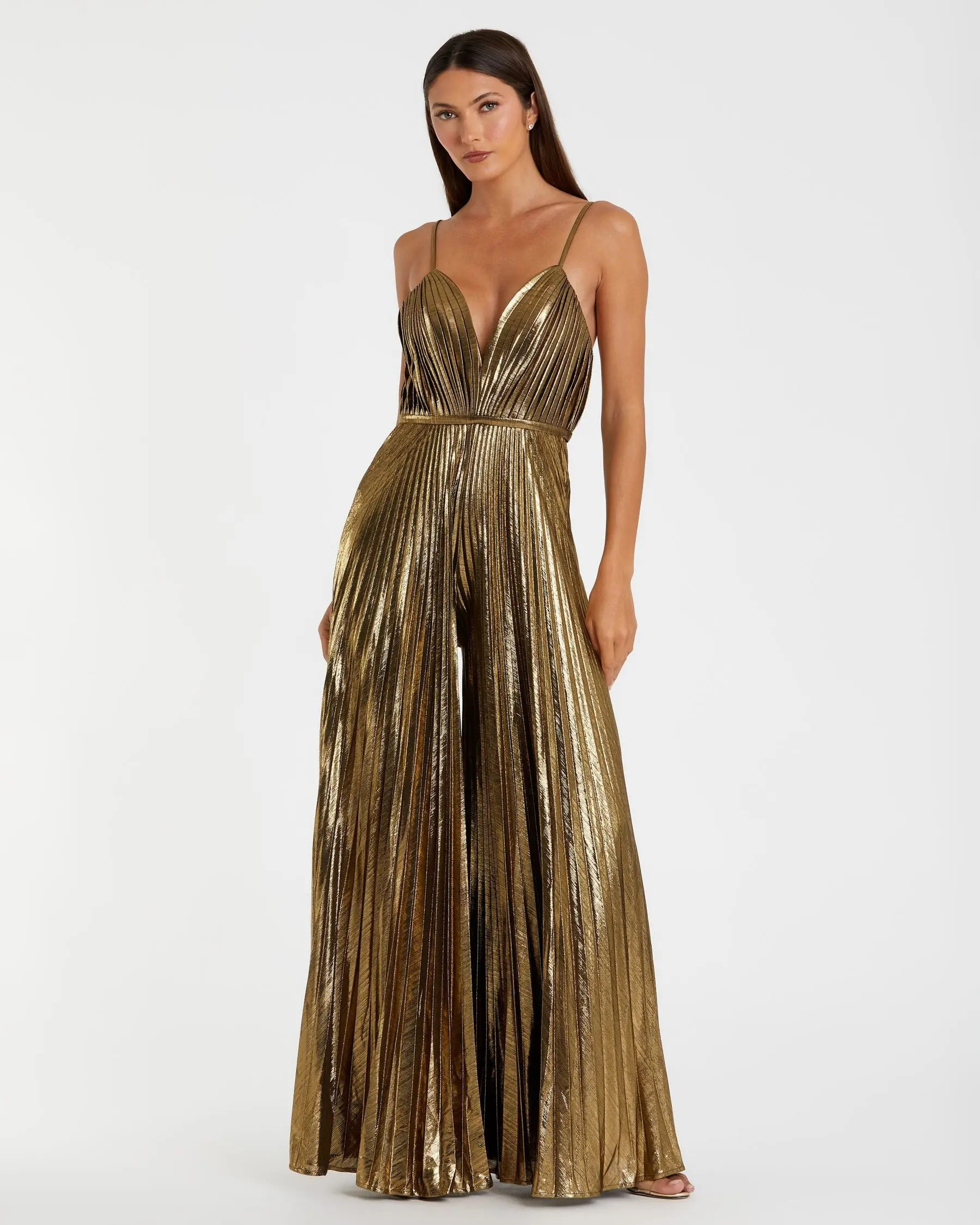 Gold Metallic Pleated V-Neck Jumpsuit - Mac Duggal | Mac Duggal