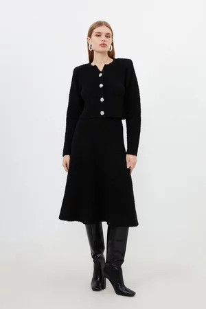 Boucle Knit Embellished Button Up Jacket | Karen Millen UK + IE + DE + NL