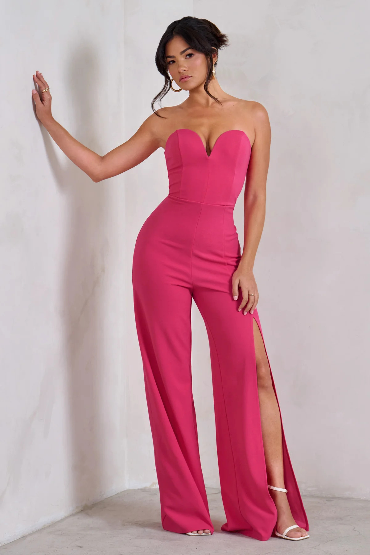 Tory | Hot Pink Strapless Sweetheart Wide Leg Jumpsuit With Split | Club L London