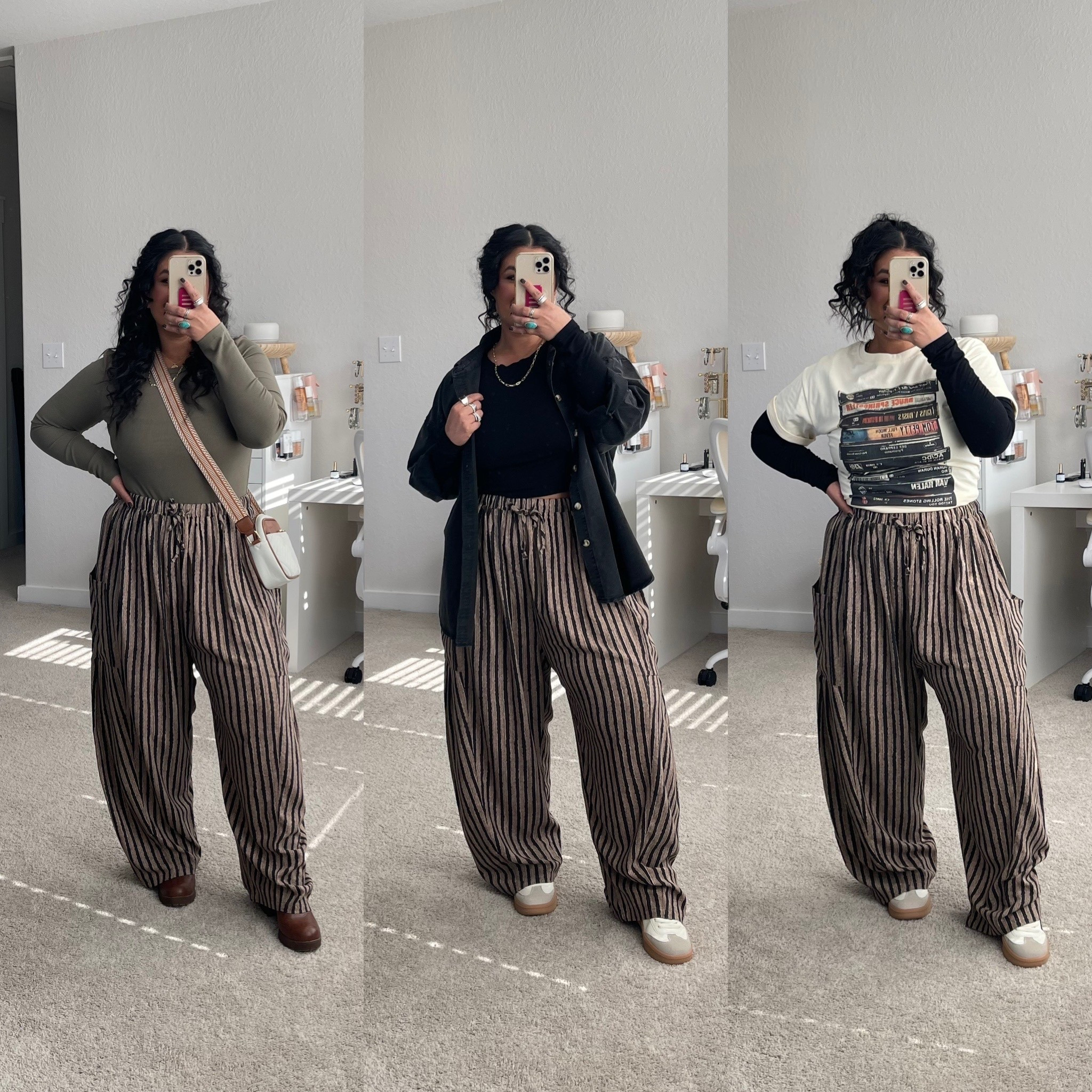 All from Amazon! These pants are so flowy and comfortable. I’m 5’1” size 12 wearing a large in everything. All true to size! Pant shade is Black Khaki Striped.

#LTKFindsUnder50 #LTKMidsize #LTKPetite