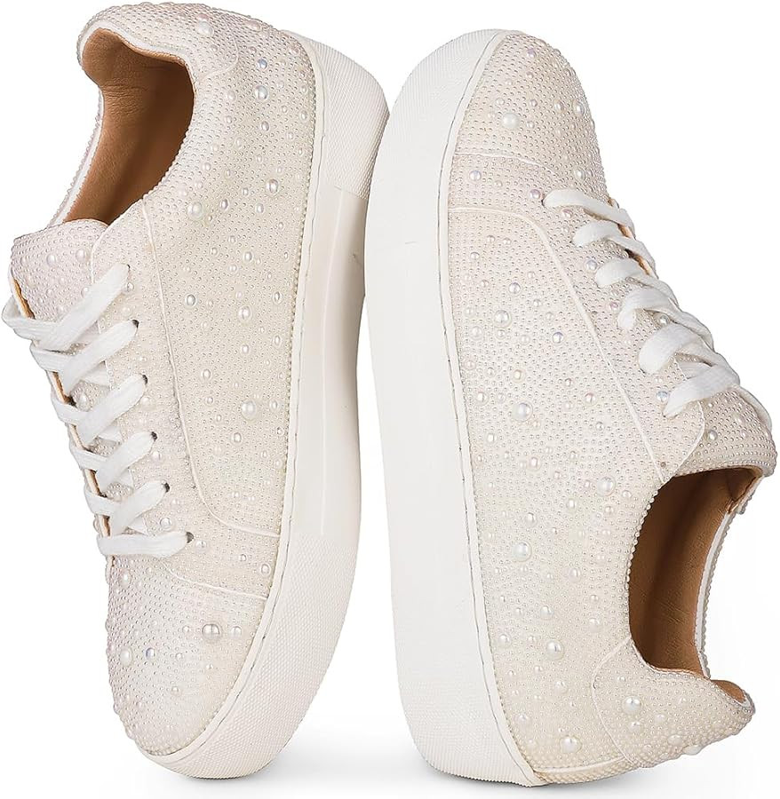 Lovee Cosee Platform Rhinestone Sneakers for Women Sparkly Lace up Tennis Shoes Bedazzled Wedding... | Amazon (US)