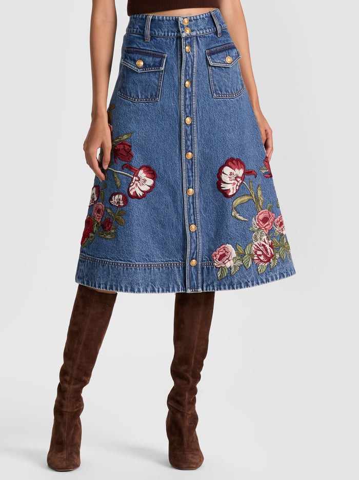 DAHLIA EMBROIDERED DENIM SKIRT | Alice + Olivia