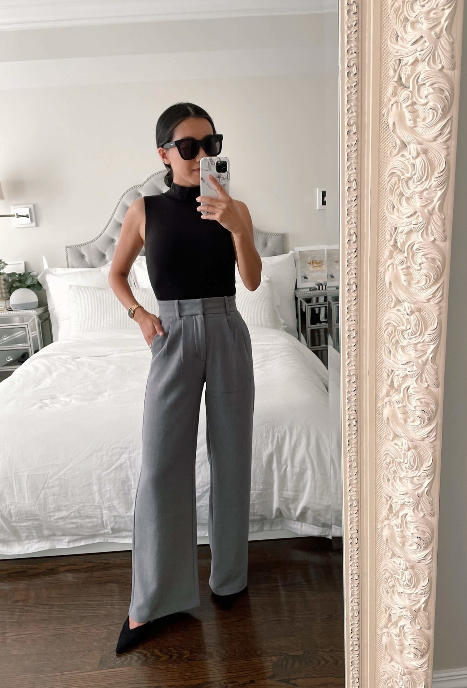 work outfit ideas with wide leg pants // sleeveless mockneck top + gray trousers

•Abercrombie trousers sz xs short
•WHBM top xxs
•H&M kitten heels sz 5
•Quay sunglasses 

#petite

#LTKstyletip #LTKworkwear #LTKSeasonal
