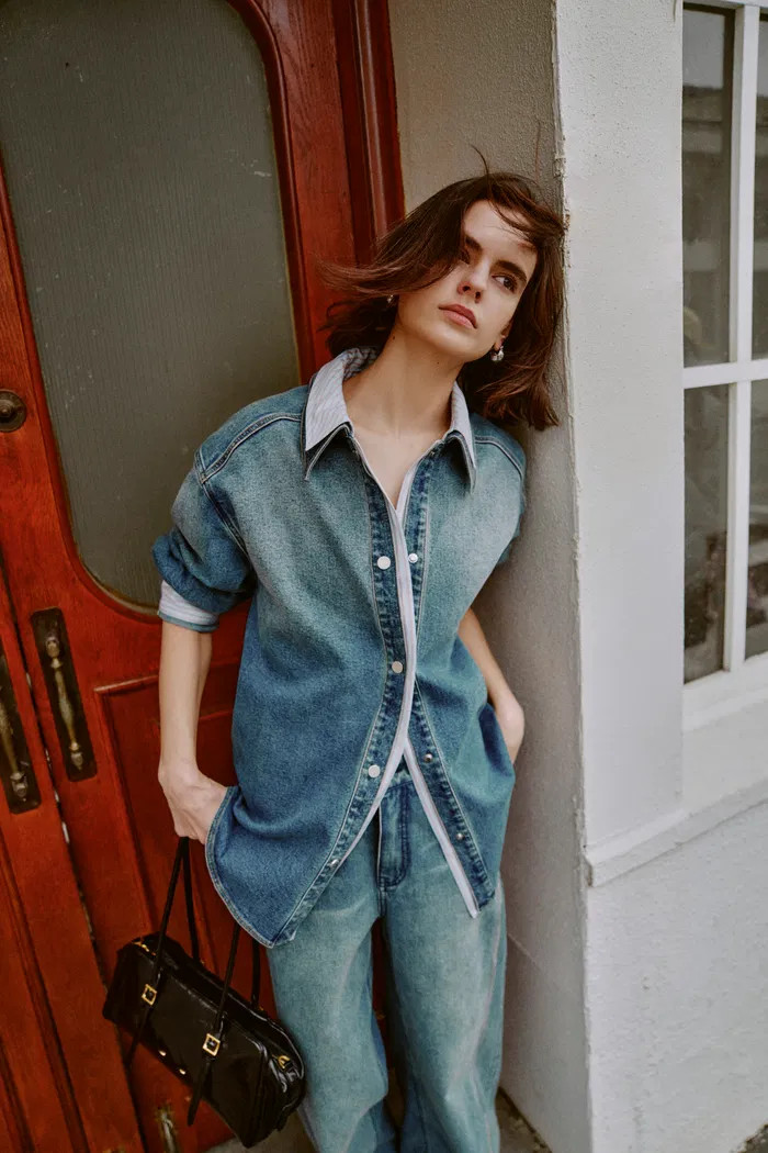 Harlow Striped Contrast Patchwork Shirt in Cotton Denim | Fabrique