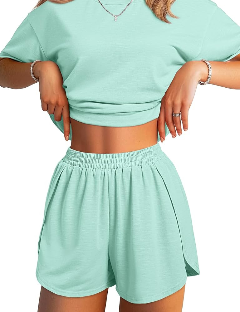JUSTFASHIONNOW Split Short Bamboo Pajama Set Cute Summer Pjs for Women 2 Piece Short Sleeve Loung... | Amazon (US)