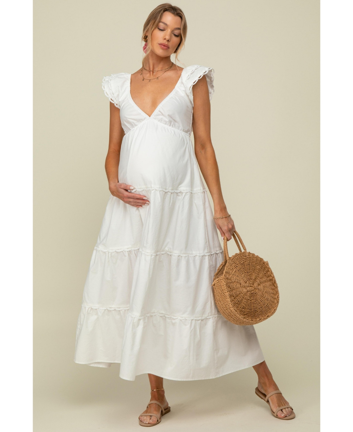 Pinkblush Maternity White Ruffle Trim Maxi Dress - Ivory | Macy's