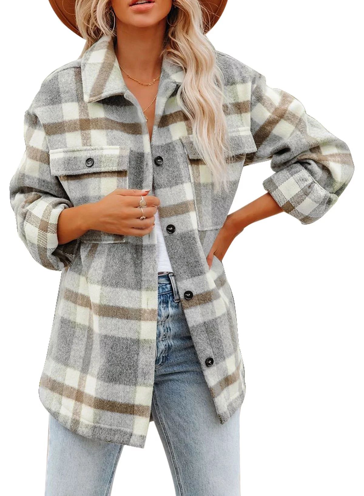 SHEWIN Women's Shacket Plaid Jacket Button Down Coats Long Sleeve Shirts Blouses Outwear Tops wit... | Walmart (US)