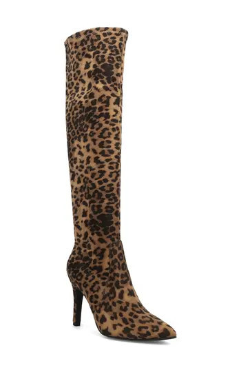 MIA Arisa Pointed Toe Knee High Stiletto Boot in Leopard Print at Nordstrom Rack, Size 7.5 | Nordstrom Rack
