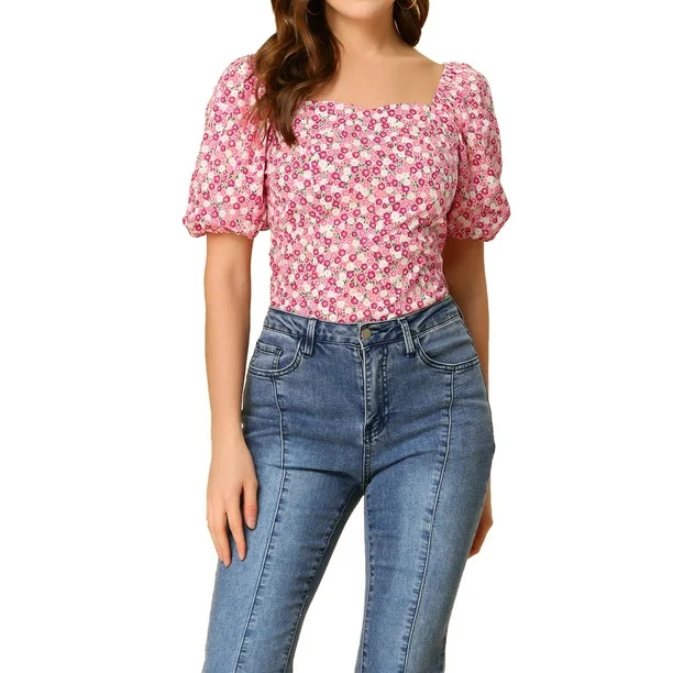 Allegra K Women's Puff Sleeve Sweetheart Neck Smocked Floral Top - Walmart.com | Walmart (US)