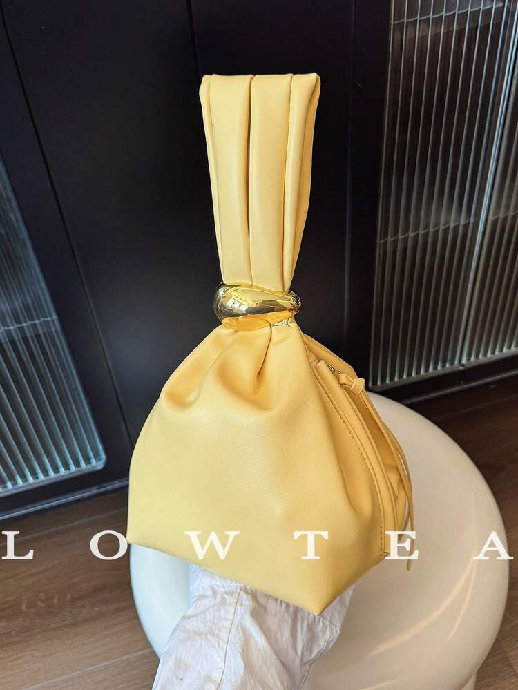 Low Tea 1pc Women Solid PU Leather Mini Cloud Pleated Handbag, Metal Accessory Decor Zipper Closure, Suitable For Daily And Outdoor Use, Yellow | SHEIN