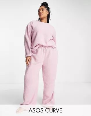 ASOS DESIGN Curve lounge teddy sweat & pants set in pink | ASOS (Global)