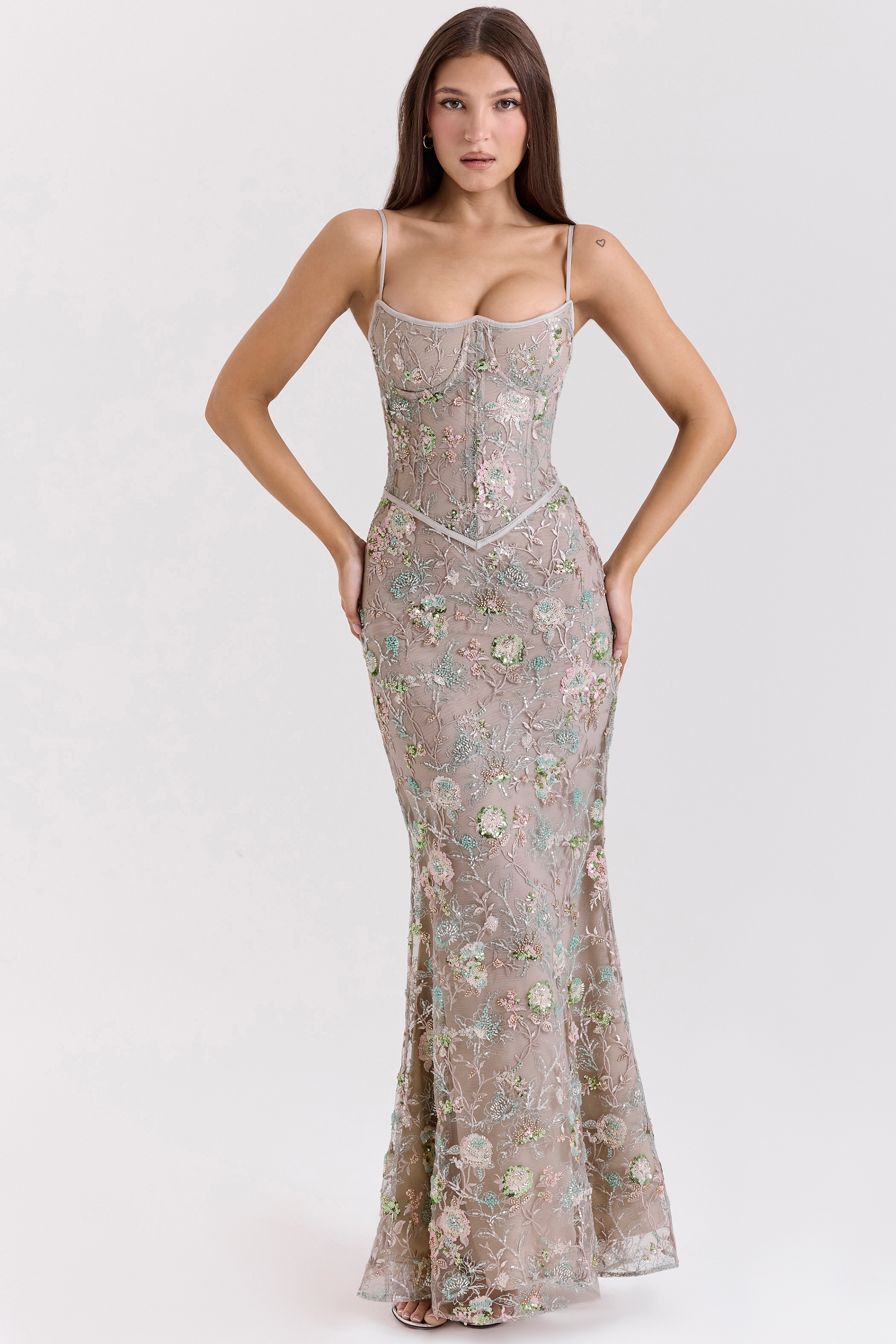 silver embellished beaded corset maxi dress | House of CB