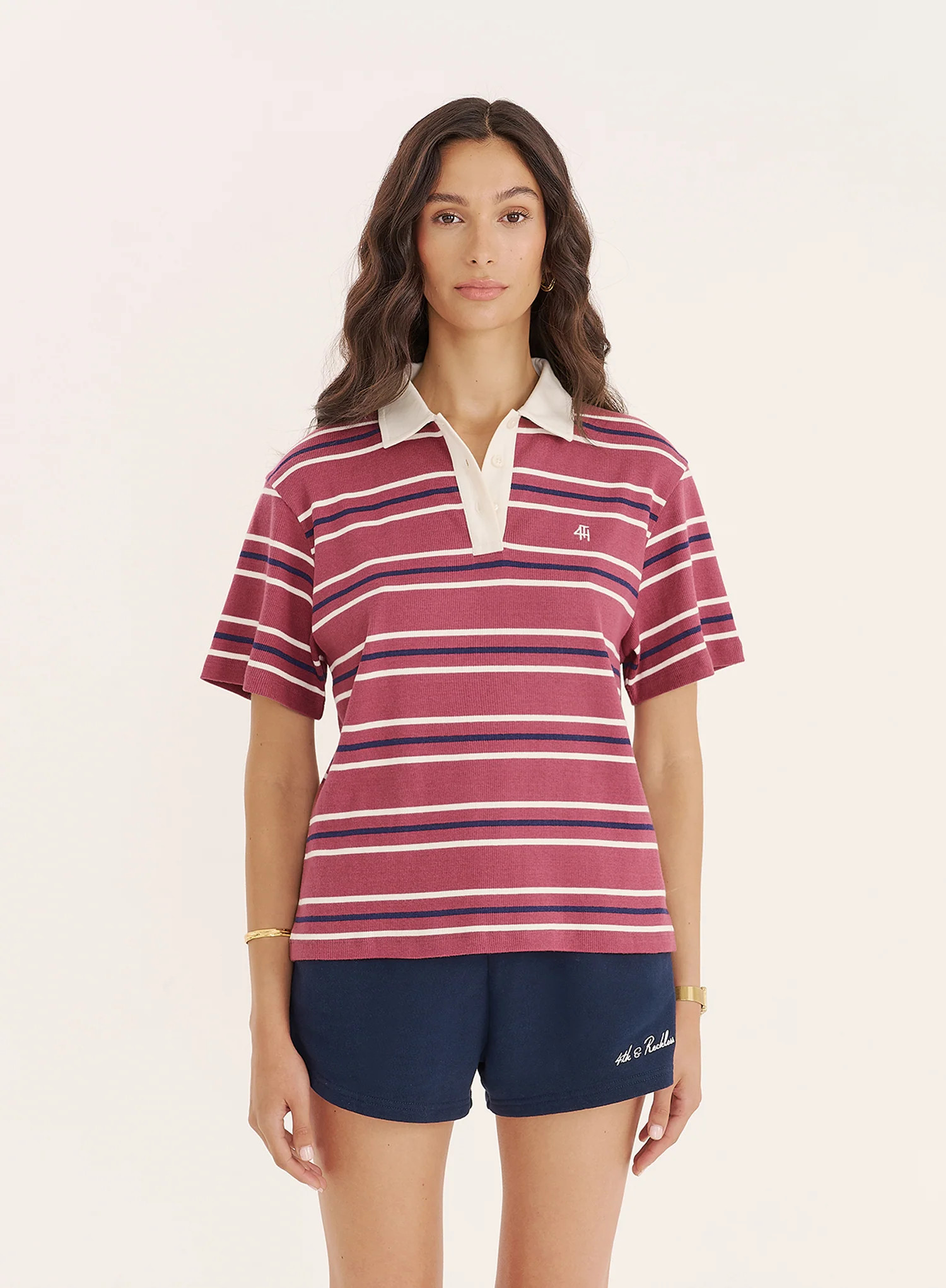 Berry Stripe Short Sleeve Polo Top- Ralph | 4th & Reckless