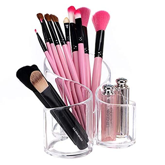 Hipiwe Acrylic Makeup Brush Holder,3 Compartment Desk Organizer Desktop Clear Cosmetics Organizer Li | Amazon (US)